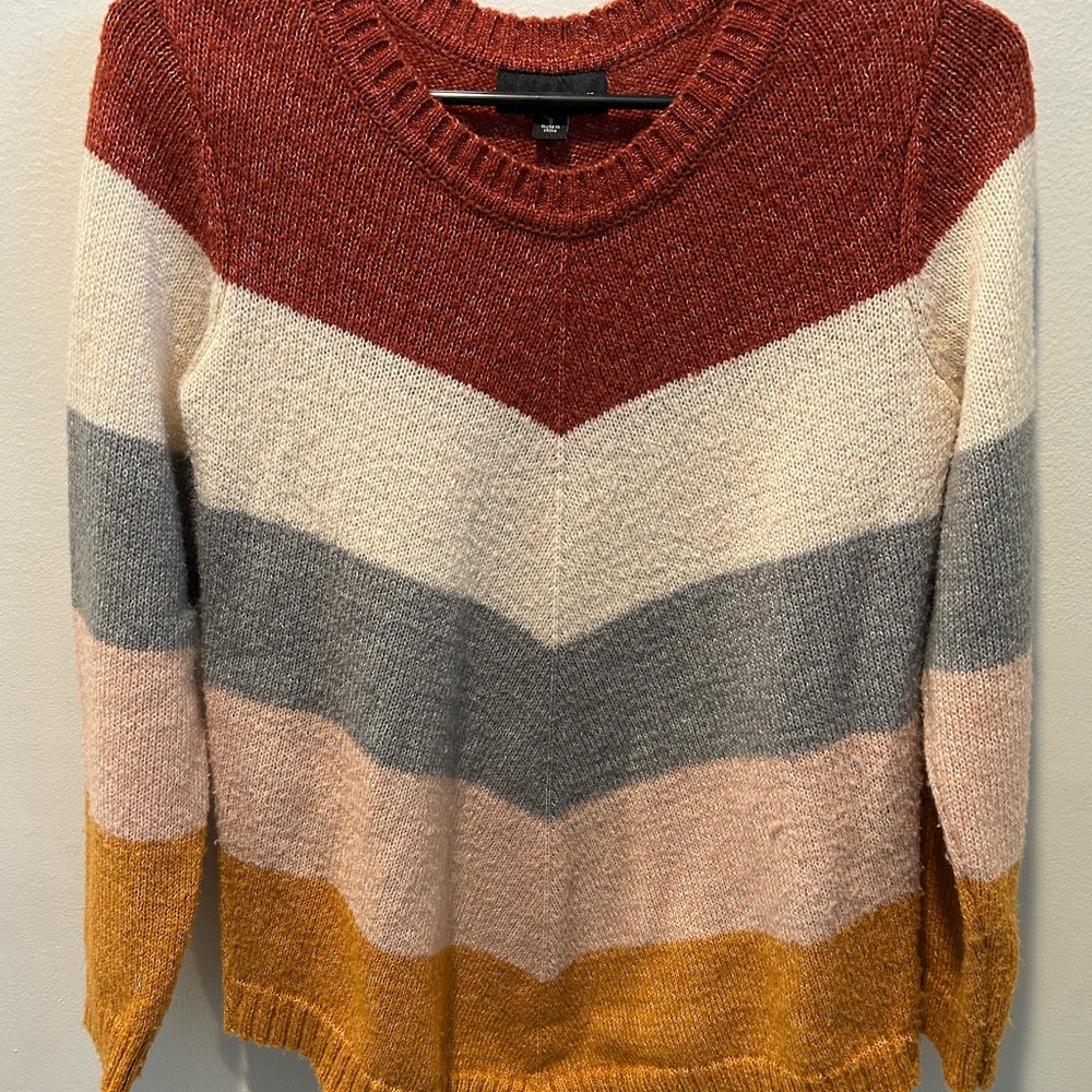 Striped Women's Sweater in Red, Cream, Gray, and Yellow